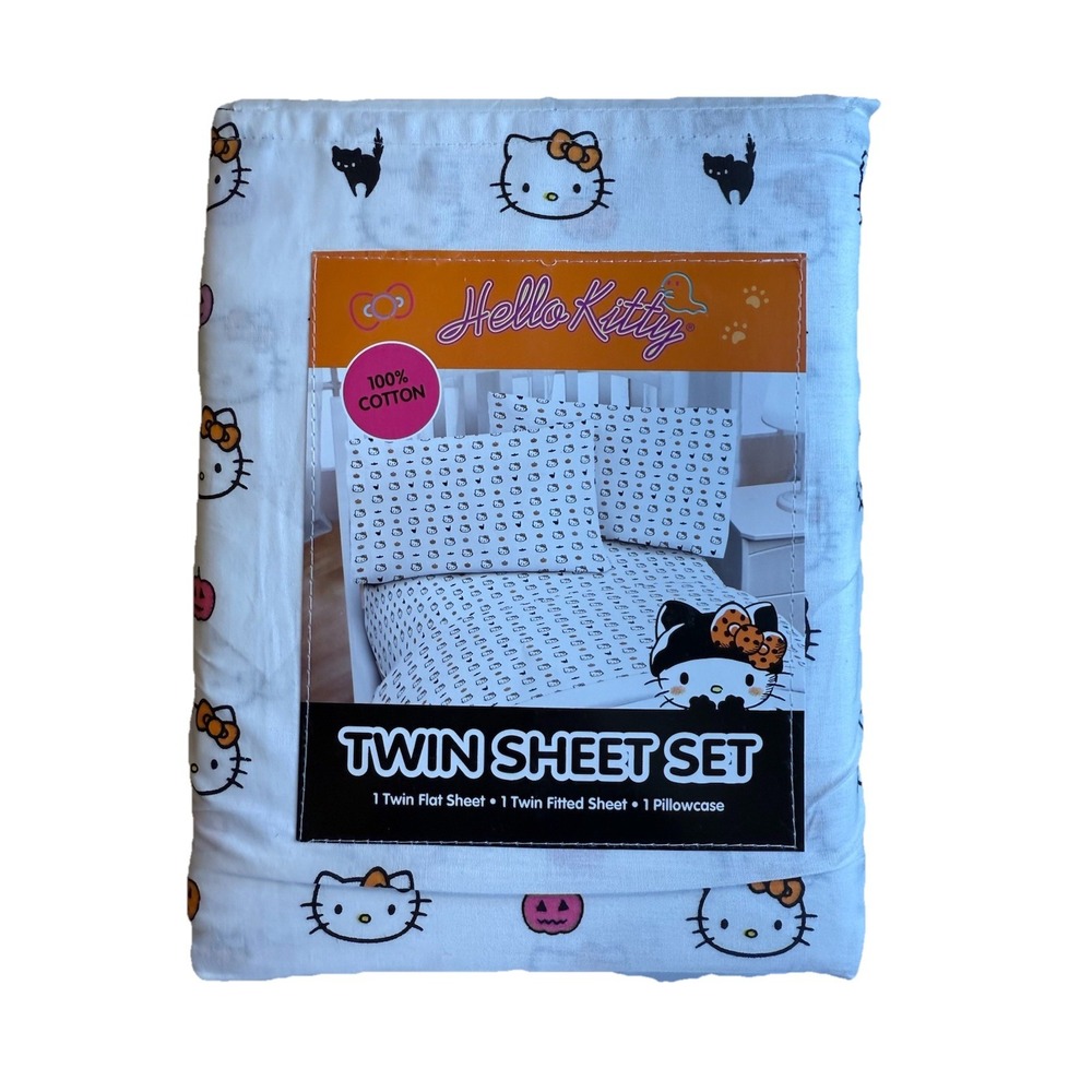 NIP Hello Kitty Sanrio Halloween 3 Pc Twin Sheet Set 100% Cotton Pumpkin Cat Bat